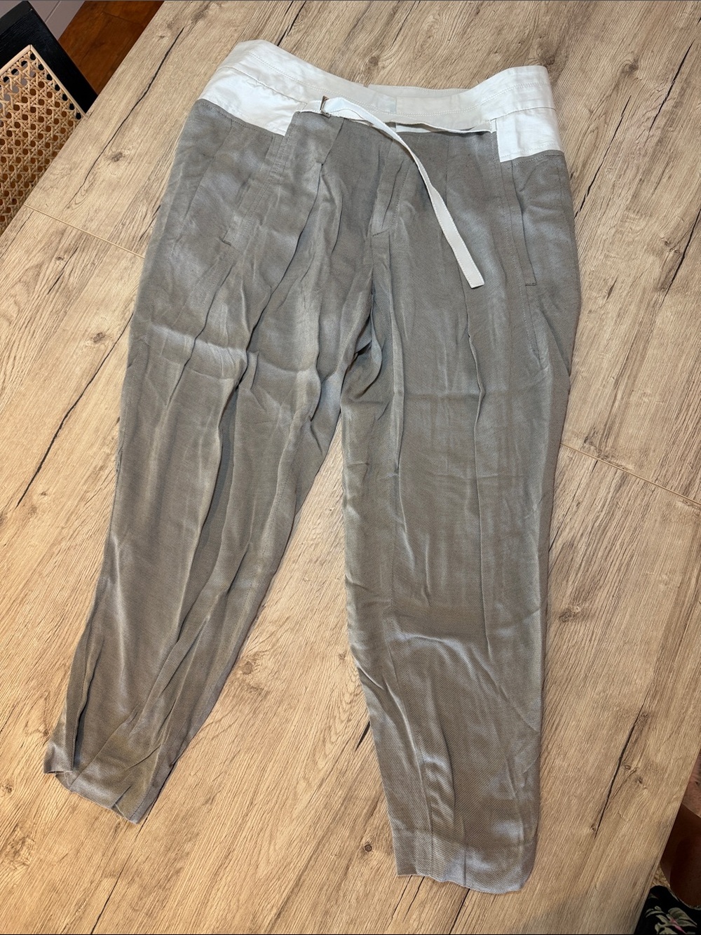 Helmut Lang Gray Linen-Blend Drawstring Pants with White Waistband
